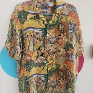 Avanti Hawaiian Aloha Silk Shirt Eugene Savage Matson Menu Design Luau Print